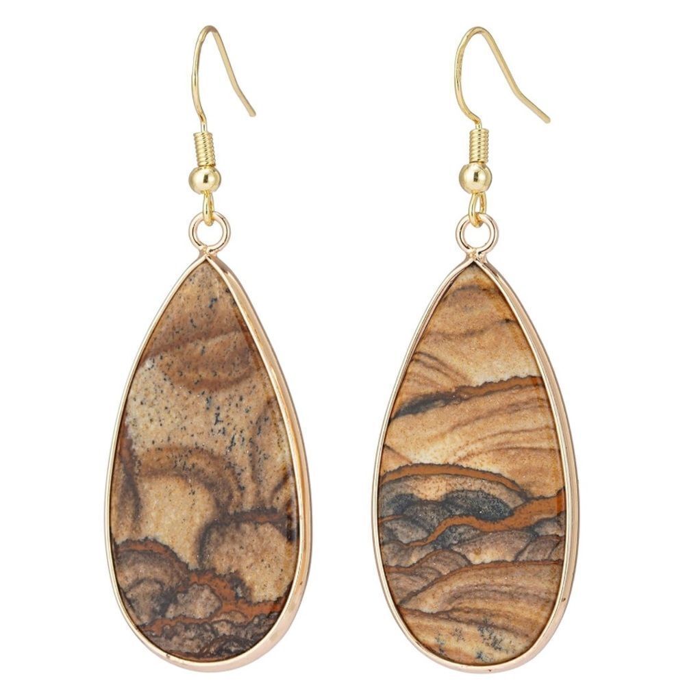 18K Yellow Gold with Natural Picture Jasper Stone Dangling Drop Hook Earrings